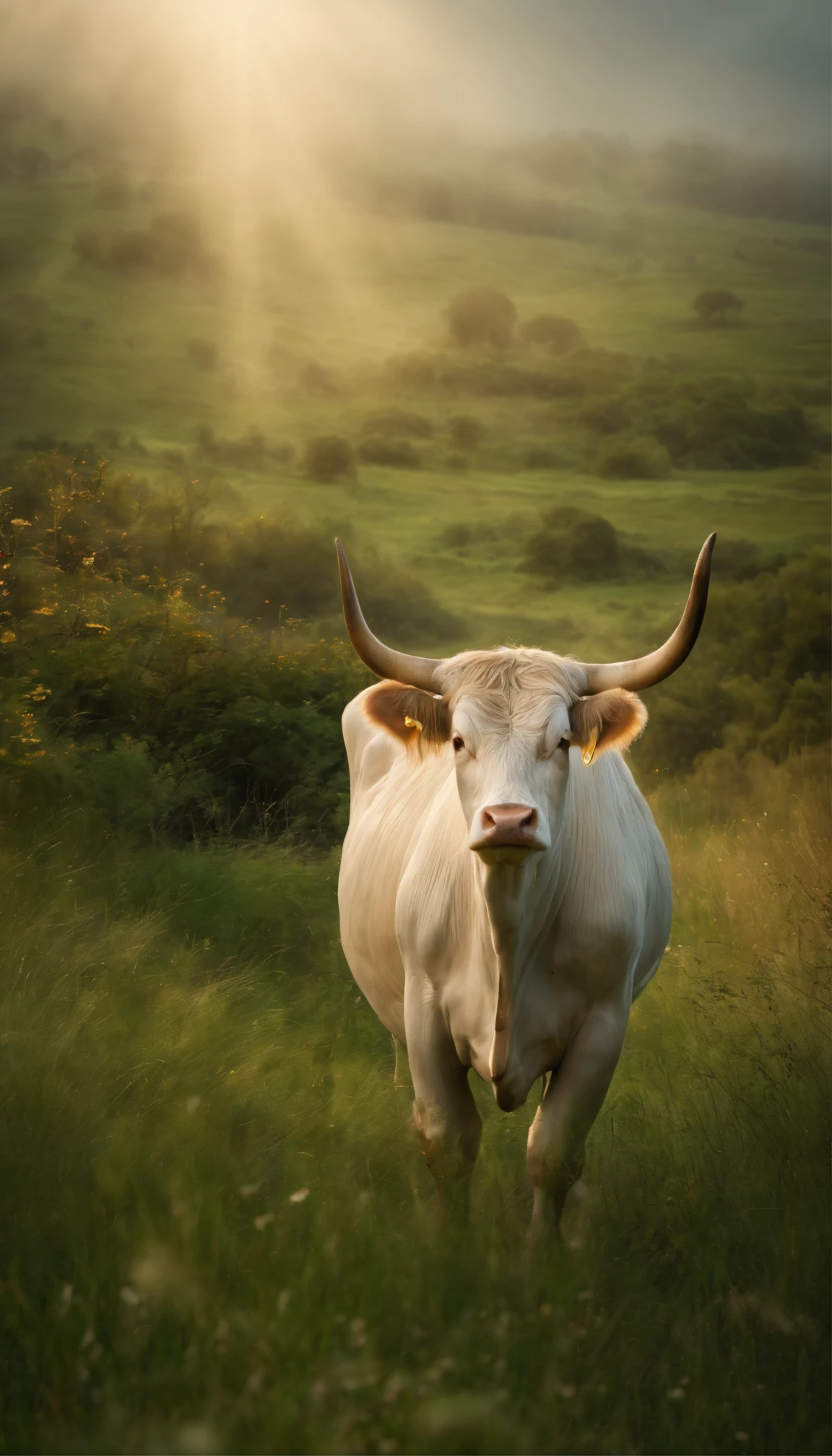 Cows in the zodiac，Horns are stout，Pure brown hair。There is the aura of the Holy Spirit on his body，Surrounded by fairy mist，On green grass，strong，Standing tall，mito，fantasy，Very mysterious。Meadows in Wonderland，There are many fairy palaces