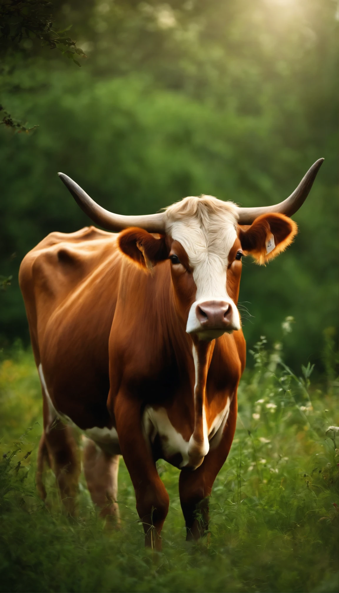 Cows in the zodiac,The horns are thick,Pure brown hair。He has the aura of the Holy Spirit on his body,Surrounded by a magical fog,On the green grass,Strong,standing tall,Myth,Fantasy,Very mysterious。Meadows in Wonderland,There are many fairy-tale palaces here