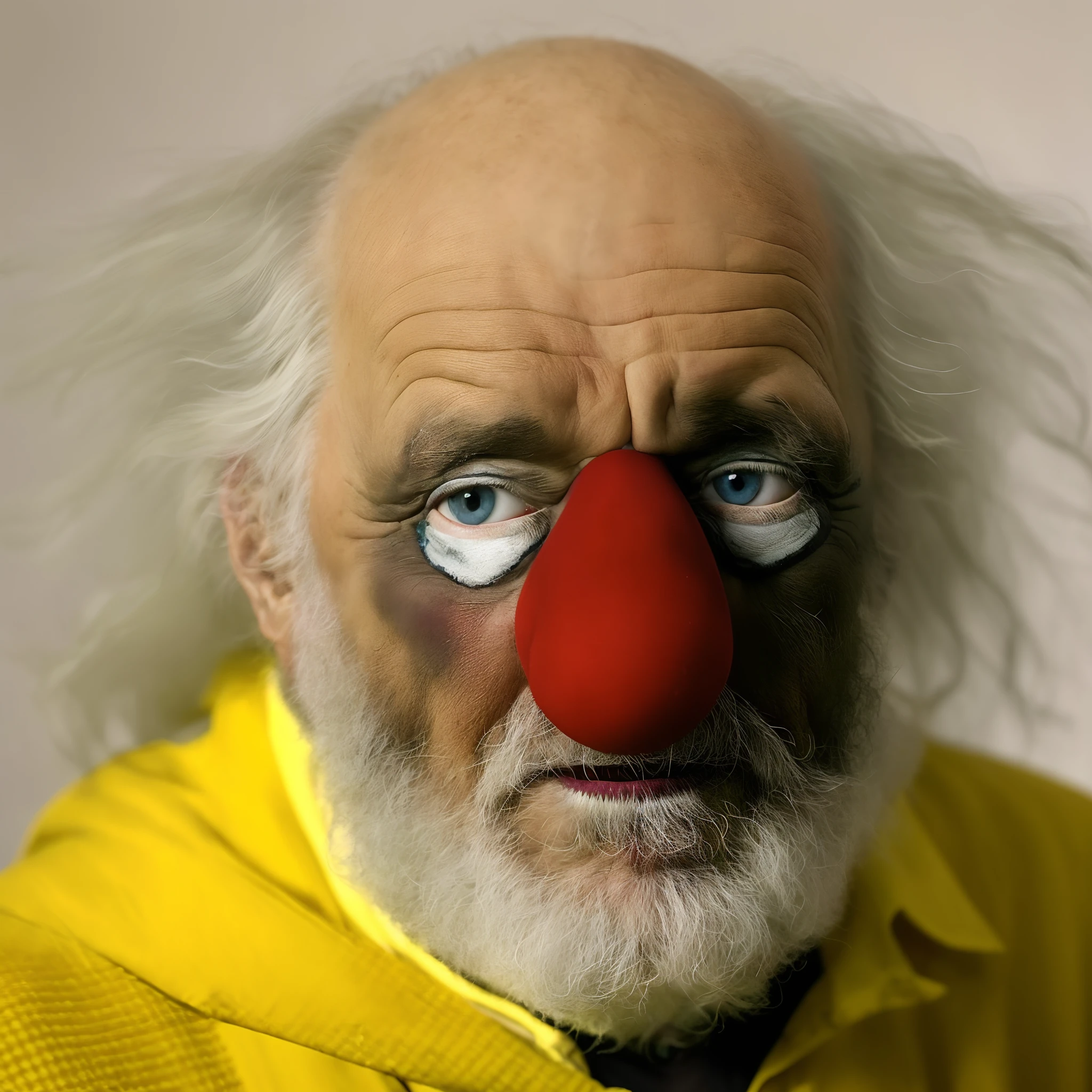 man with red nose and white hair wearing clown nose, clown, real clown makeup, realistic clown makeup, using precise clown makeup, using clown makeup, using clown makeup, communist clown, clown face, clown makeup, communist clown portrait, rolf klep, an old man,