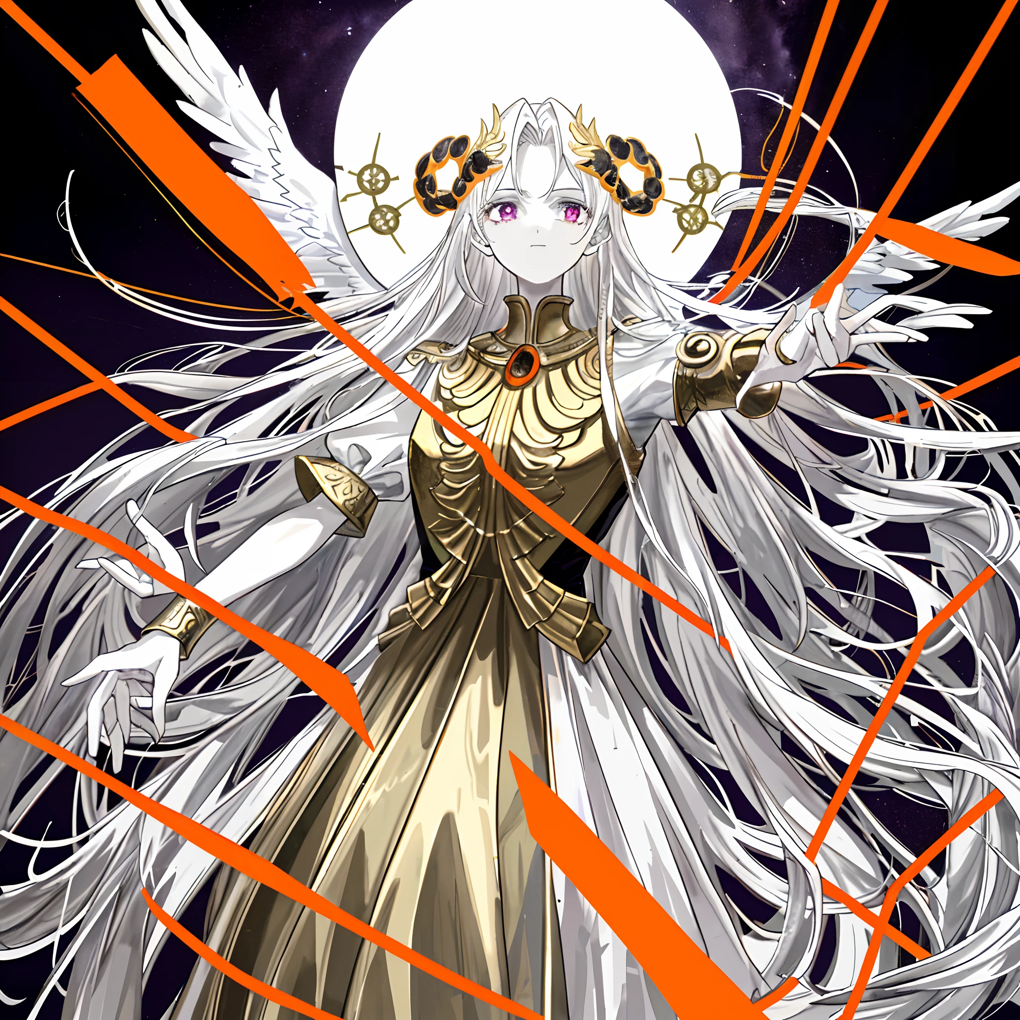 Jupiter,Baalzebub,God of the abundant forest,Heaven and hell,There are three pointed rings behind the character's head,Classicism-like artistic sense,Strong religious atmosphere,Parchment paper feel,Yellowed canvas background,（Light-dark transition from top to bottom：1.5），（The top is milky white,Platinum, Gold and light gray are the three colors of the main body of the picture：1.3）+（The bottom is purple,black in color,Orange-red is the three colors of the polygon body：1.3）+（The middle color is high-key：1.3）,hyper HD, retinas, Anatomically correct, Textured skin, Super detail, Best quality, A high resolution