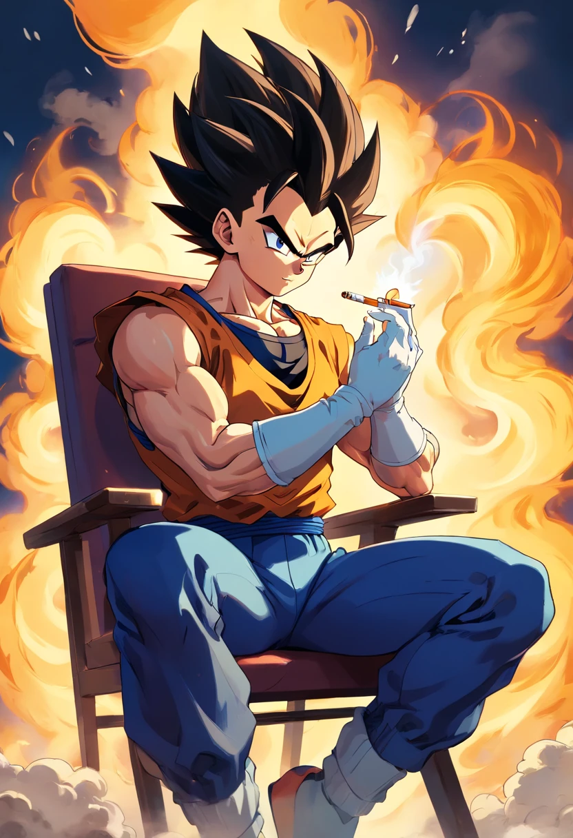 VEGETA vestindo um terno preto, smoking a cigarette while sitting in a chair that highlights your power and influence, macho, Dragon ball, detailed facial features, olhar intenso, aura of arrogance, muscular physique, alfaiataria afiada, Penteado elegante, postura confiante, dark and dramatic lighting, cores vibrantes, High-resolution rendering, Estilo fotorrealista, smoke swirling around, Dragon ball logo in background