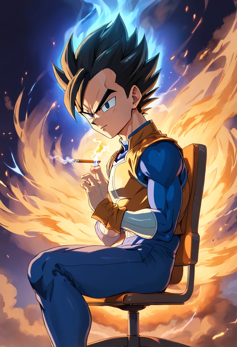 VEGETA vestindo um terno preto, smoking a cigarette while sitting in a chair that highlights your power and influence, macho, Dragon ball, detailed facial features, olhar intenso, aura of arrogance, muscular physique, alfaiataria afiada, Penteado elegante, postura confiante, dark and dramatic lighting, cores vibrantes, High-resolution rendering, Estilo fotorrealista, smoke swirling around, Dragon ball logo in background