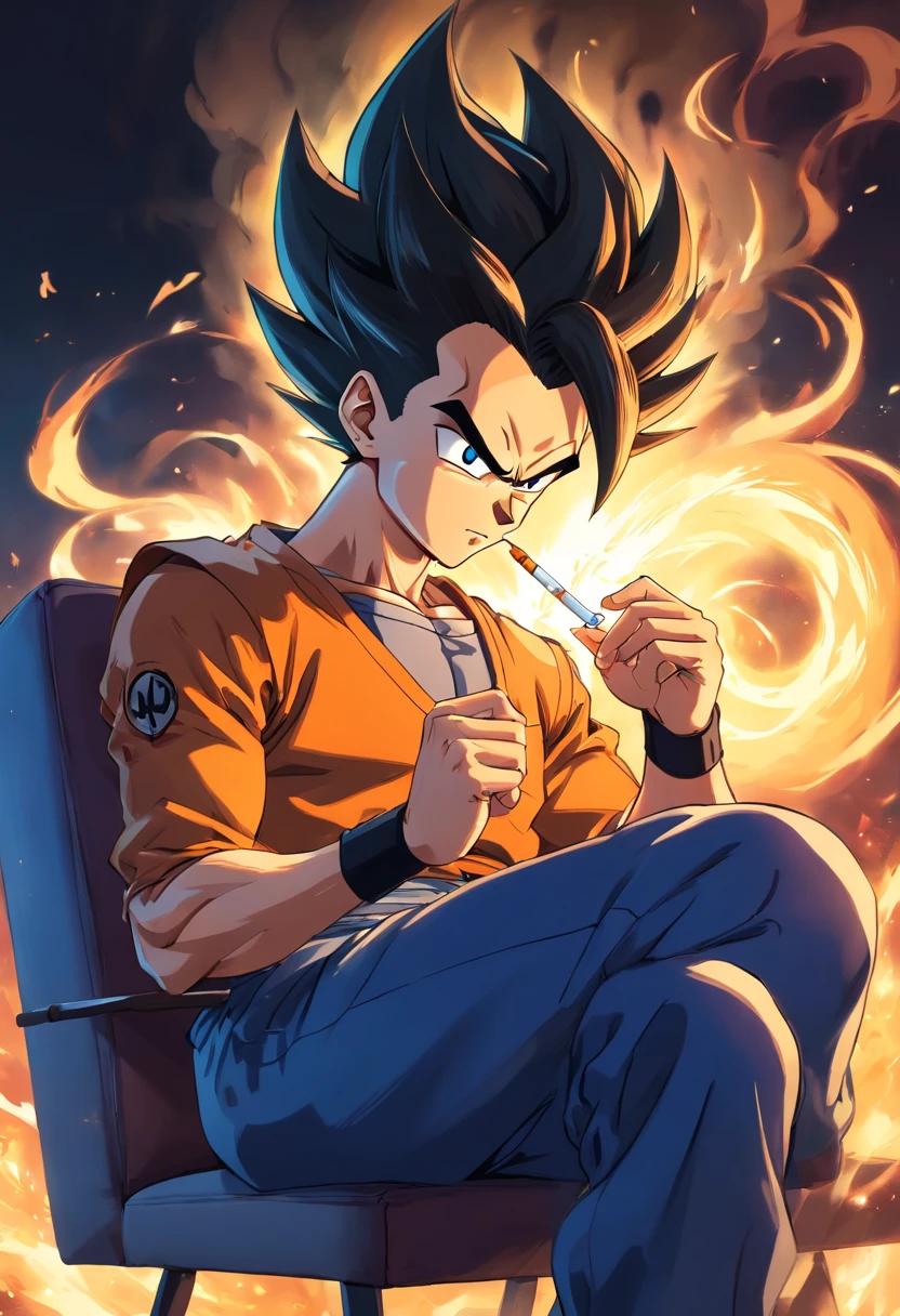 VEGETA vestindo um terno preto, smoking a cigarette while sitting in a chair that highlights your power and influence, macho, Dragon ball, detailed facial features, olhar intenso, aura of arrogance, muscular physique, alfaiataria afiada, Penteado elegante, postura confiante, dark and dramatic lighting, cores vibrantes, High-resolution rendering, Estilo fotorrealista, smoke swirling around, Dragon ball logo in background
