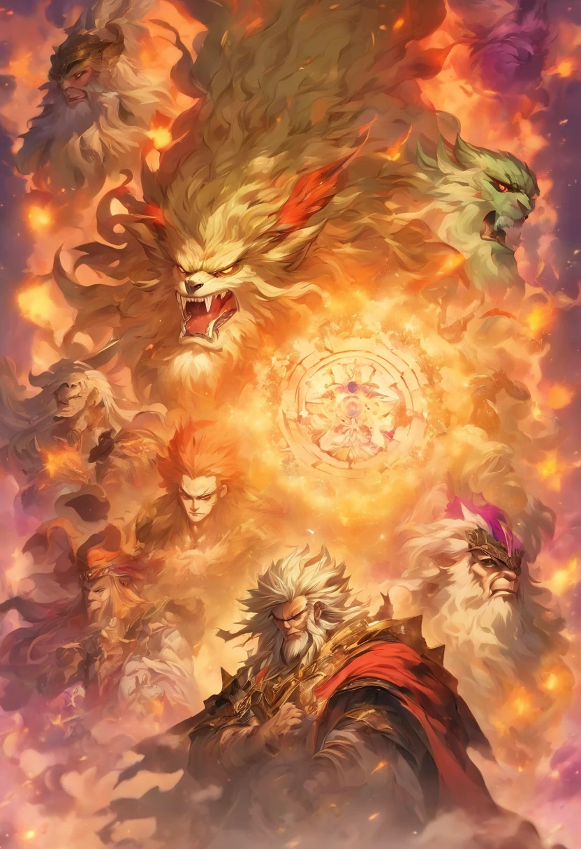 Jupiter,Baal-Zebub,God of the Forest of Plenty,Heaven and hell,There are three sharp rings behind the character's head,Classicism-like artistic sense,Strong religious atmosphere,Parchment paper feel,Yellowed canvas background,（Light-dark transition from top to bottom：1.5），（The top is milky white,Platinum, Gold and light gray are the three colors of the main body of the picture：1.3）+（The bottom is purple,black in color,Orange-red is the three colors of the polygon body：1.3）+（The middle color is high-key：1.3）,hyper HD, retinas, Anatomically correct, Textured skin, Super detail, Best quality, A high resolution