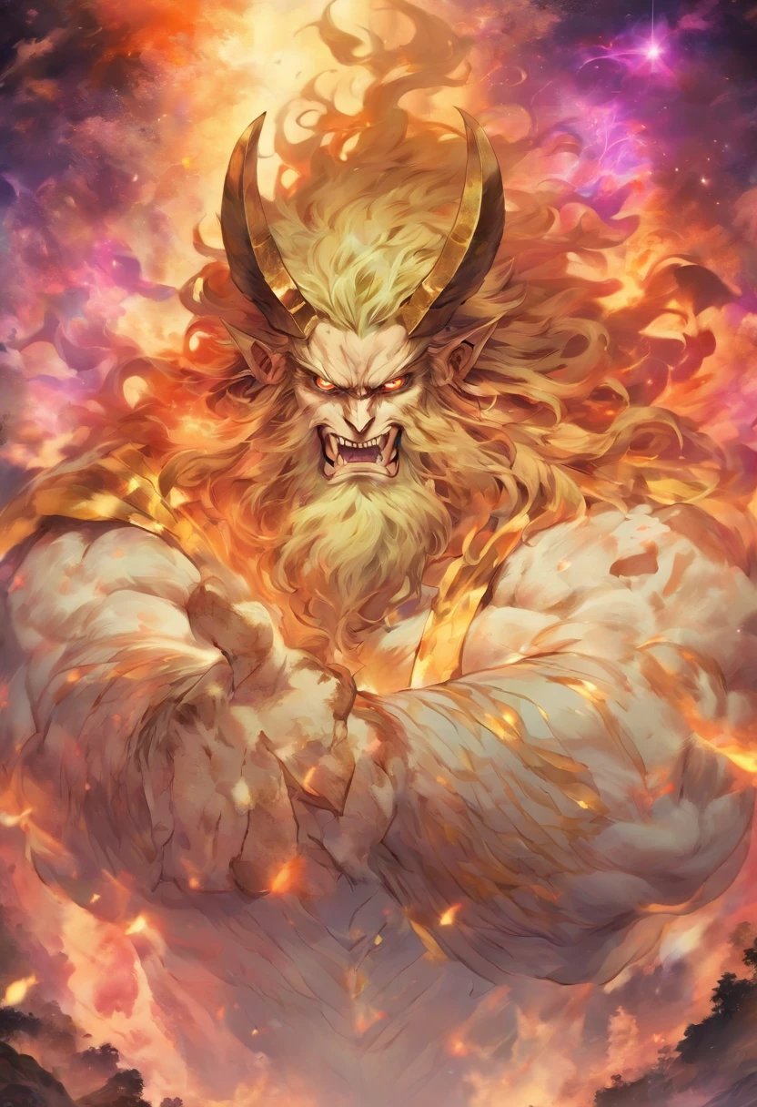 Jupiter,Baal-Zebub,God of the Forest of Plenty,Heaven and hell,There are three sharp rings behind the character's head,Classicism-like artistic sense,Strong religious atmosphere,Parchment paper feel,Yellowed canvas background,（Light-dark transition from top to bottom：1.5），（The top is milky white,Platinum, Gold and light gray are the three colors of the main body of the picture：1.3）+（The bottom is purple,black in color,Orange-red is the three colors of the polygon body：1.3）+（The middle color is high-key：1.3）,hyper HD, retinas, Anatomically correct, Textured skin, Super detail, Best quality, A high resolution