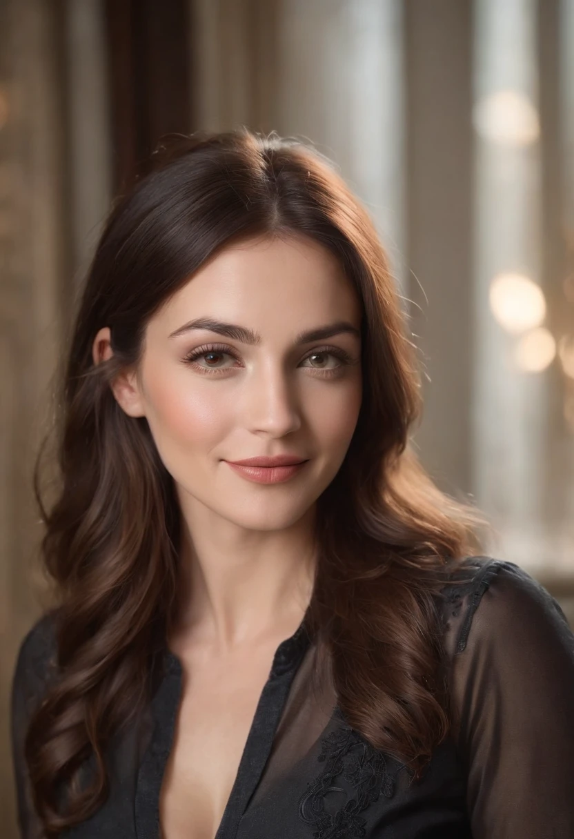 Apotheosically youthful (((full body))) girl, approximately 45 to 50 years old, ultra cool, smiling, with intense and striking brown eyes, straight hair and a silver and black gradient color, fascinating and subtle features, wearing jeans rainbow-colored, deep black blouse without bras, large breasts, in a medieval-style candle-lit environment