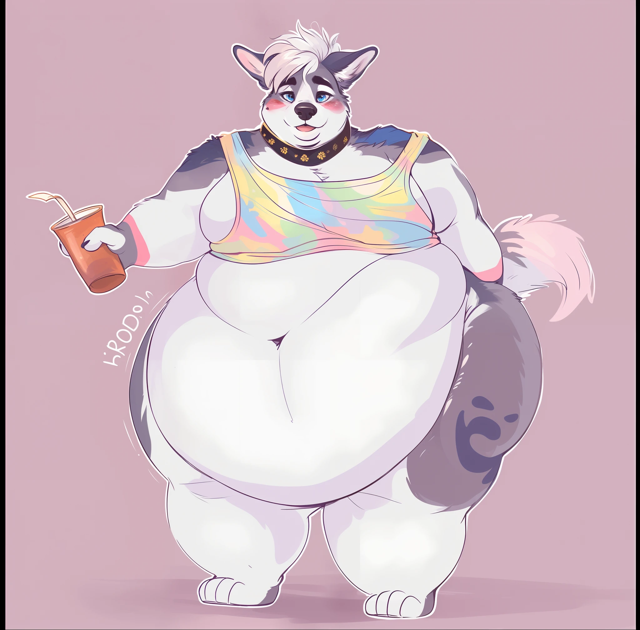 (author:Hioshiro and Kenket and Dimwitdog, Michael & Inessa Garmash, ruanjia, pino daeni, Chunie, Zoidberg656), e621, Front View, ((Hyper-Obese, Unimaginably Obese. So Obese he is immobile)), Hyper-Obese:1.1, extremely chubby facial cheeks:1.1, insanely chubby face:1.1, Solo, anthro, Male, (grey wolf), high depth of field, detailed body, belly and chest are extremely detailed, ((intricate detail scale texture)), (blue eyes) , Black thick eyebrows ((wears)), digigrade, (Tail), Handsome, Cinematic, Solo, extremely hyper-obese, ((insanely obese))) top, Fat Upper Pubic Area (shaded), (Detailed eyes):1.2, ((busts)), blue shirt, Extremely articulate and detailed fat rolls. Sensual, Religious motifs, blushing smile