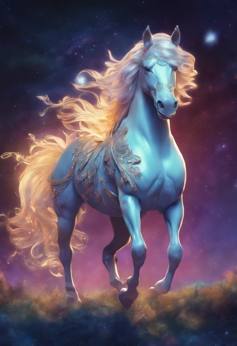 (a majestic creature with the body of a horse and the head of a man, a muscular human head on a horse&#39;s body, fantasy horse-human hybrid),(golden fur shining in the cosmic light:1.1),(crina e cauda douradas detalhadas),(Strong and robust physique),(the body is elegant and muscular),(gigante e poderoso),(a golden crown on the head),(lindos olhos azuis com um toque de sabedoria:1.2),(eyes reflect cosmic light),(bearded man&#39;s face with robust features and pointed chin),(dentes afiados e fortes como os de um cavalo),(postura alta e real),(orgulhosamente em uma paisagem celestial),(surrounded by swirling galaxies and twinkling stars),(the vibrant colors of the galaxies mix with the creature&#39;s golden fur),(a sense of wonder and awe fills the air),(cosmic light illuminates every detail),(impressive and majestic presence),(Captivating and ethereal),(a criatura emite um ar de sabedoria e poder),(atemporal e divino),(a mythical being who embodies greatness and strength),(a harmonious fusion of human and horse characteristics),(your divine essence shines in all aspects),(the embodiment of grace and strength),(uma criatura celestial que transcende fronteiras).