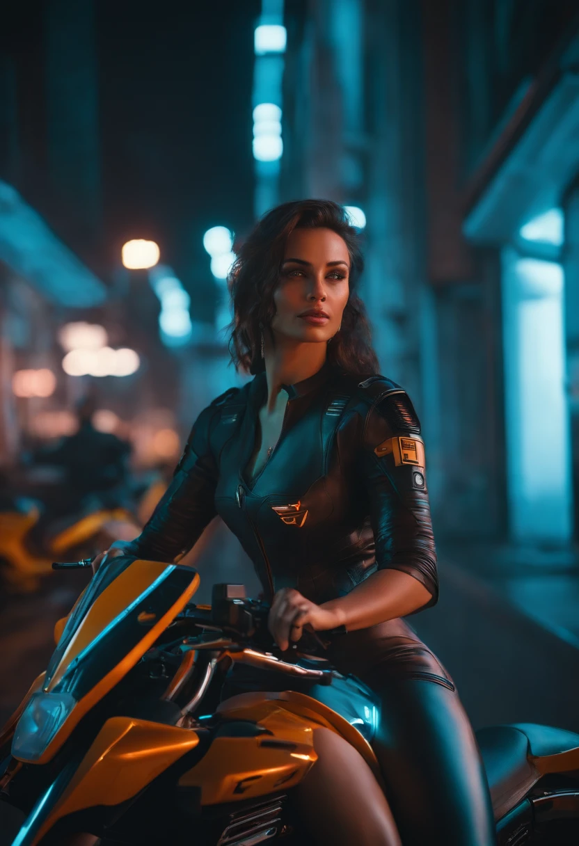 1girl em uma motocicleta,cyberpunk 2077,luz e sombra extremas,Aurora Persecution,Detalhes extremamente complicados,Luz refletida extremamente forte,Luz ambiente extrema,A cidade que nunca dorme,Analog cameras,rendering by octane,8k,CGSociety Trends,Estrutura ocular extremamente complexa e delicada,Facing the camera squarely,detalhe da luz neon,globaliluminação,close-up frontal,Super delicate facial features,Pele ultra-delicada,frio,cyberpunk 2077 Ultra Sci-Fi motocicleta