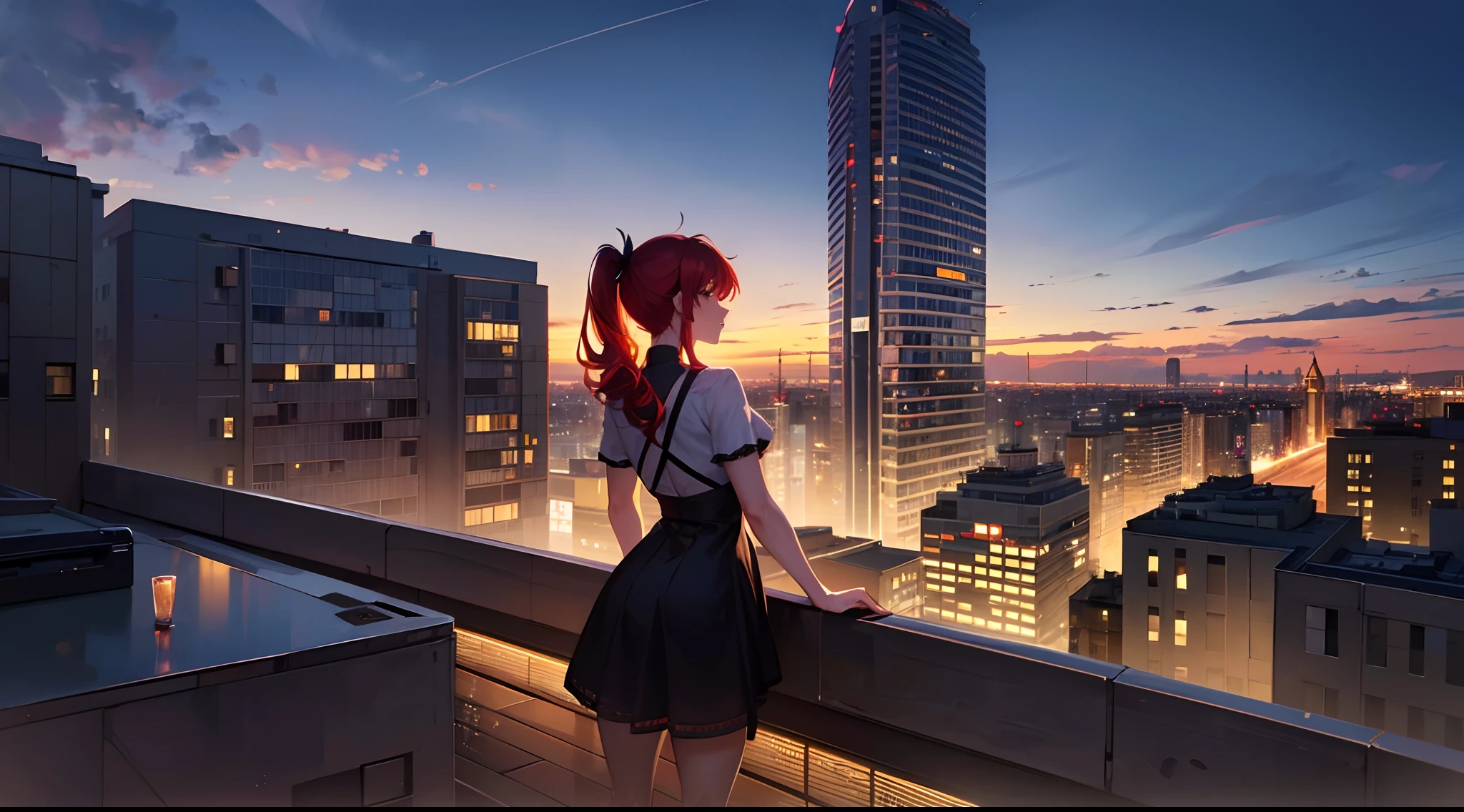 masterpiece, lots of detail, 4k, 8k, ((ultra-detailed)), highres, rooftop, looking out, night, alcohol, drunk, back, {red hair|green hair|black hair|blue hair}, {ponytail|short hair|long hair|curly hair}