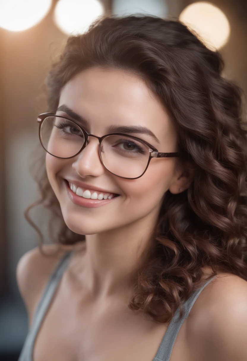 attractive woman, curly brunette hair, glasses, nice smile, gym rat