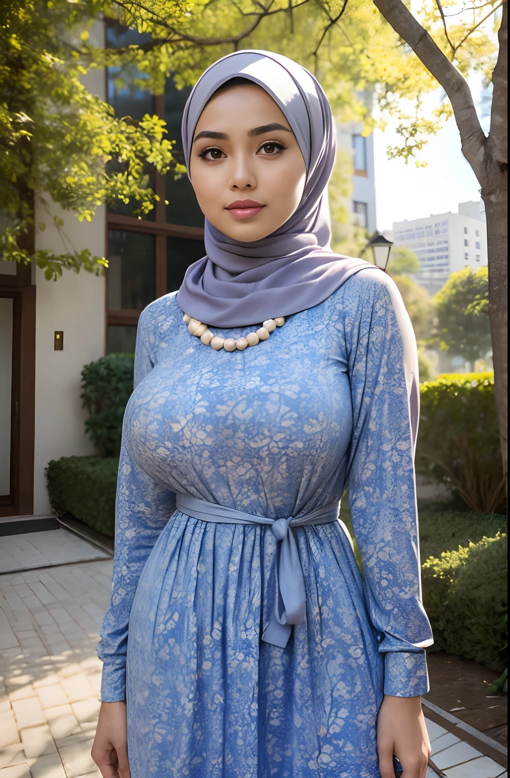 RAW, Best quality, high resolution, Masterpiece: 1.3), Beautiful Malay woman in hijab, Masterpiece, Perfect slim body, ((Big breasts)), Beautiful big eyes, water eyes, Soft smile, (wearing baju kurung), smiling, windy, skin details, skin texture details, wide hips, thick thighs, sexy body, morning time, laughing, happy, bright sunlight, flower garden path, blurred background, bokeh,