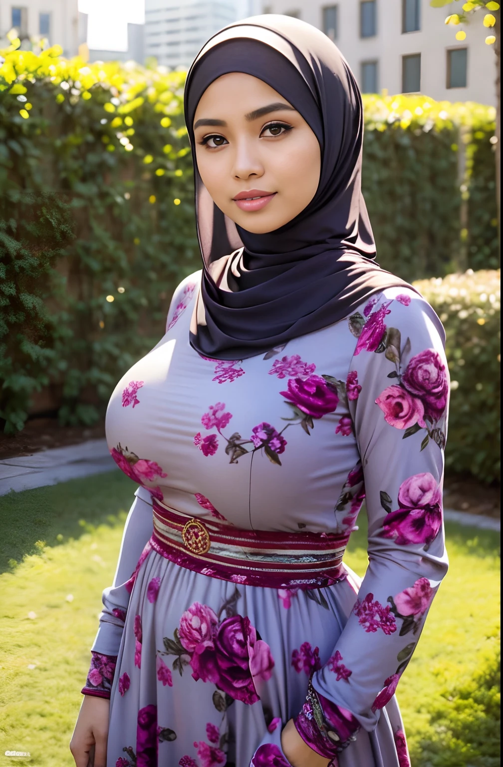 raw, Best quality, High accuracy, Masterpiece: 1.3), Beautiful Malaysian woman in hijab, Masterpiece, The body is hourglass shaped, ((Big breasts)), lovely big eyes, Tearful eyes, Soft smile, Wet lips, ((Wear a long, suitable dress in pastel colours)), (Long legging), He smiles, windy, Skin details, Skin texture details, Thick thighs, hot body, Morning time, He smiles, happy, Bright sunlight, Flower garden path, Blurred background, sad