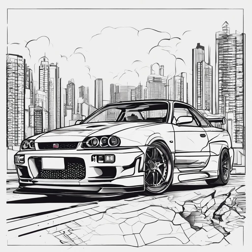 a poster of a woman with a car in the background, nissan gtr r 3 4, striking manga artstyle, art deco outrun anime aesthestic, anime graphic illustration, cobbled together nissan r34 gtr, striking detailed artstyle, anime style illustration, manga style only, 4 k manga wallpaper, in a modified nissan skyline r34