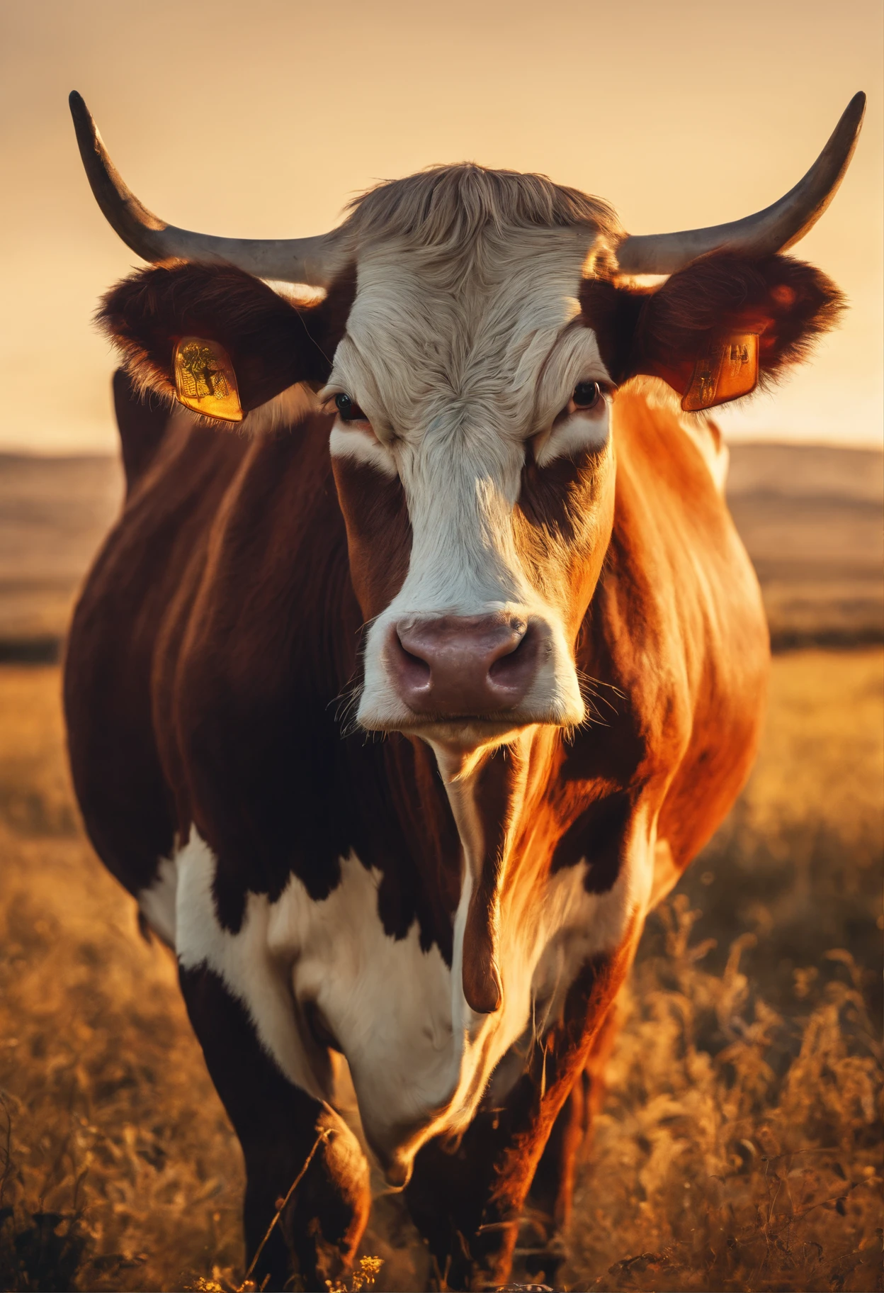 (Stunning shot),Lonely cow, Detailed fur, Majestic horns, A peaceful look, Breathtaking scenery, bright colours, natural lighting, hight resolution, Captured moment, Стиль National Geographic, Silhouette of a cow, golden hour, serene atmosphere, picturesque scenery