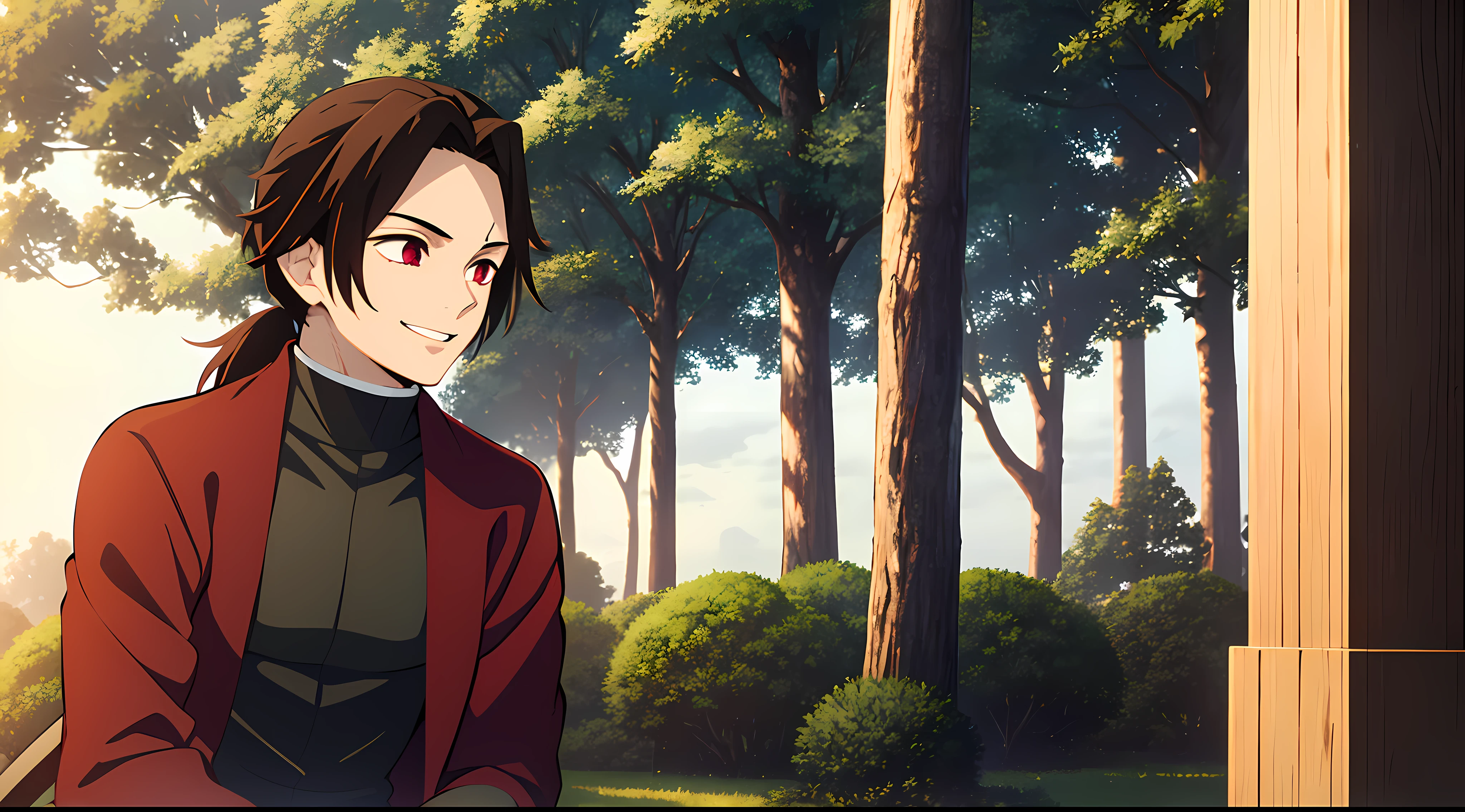 Masterpiece, Best Quality, 1Boy, Solo, Light Brown hair, Long hair ponytail, parted bangs, Red Haori, Black turtleneck, Long Brown hair, Red eyes, Demon Slayer, light smile, Power, cinematic lighting, light tracing, outdoors, tree, blue sky