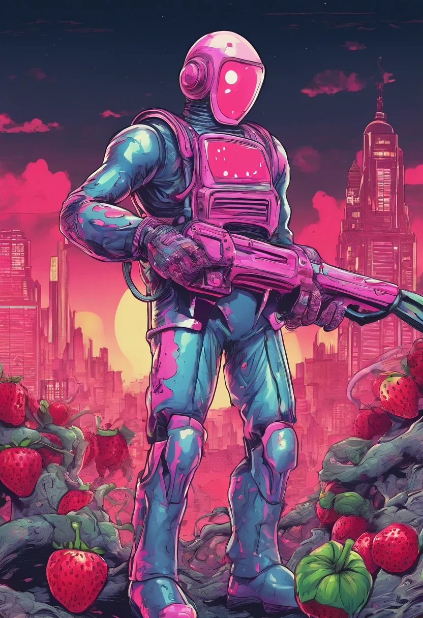 An Anime masterpiece a Humanoid Strawberry with a Psycho face, Holding a Chainsaw, Fighting Humanoid Zombie Fruits in a City at night, HD , Cinematic
