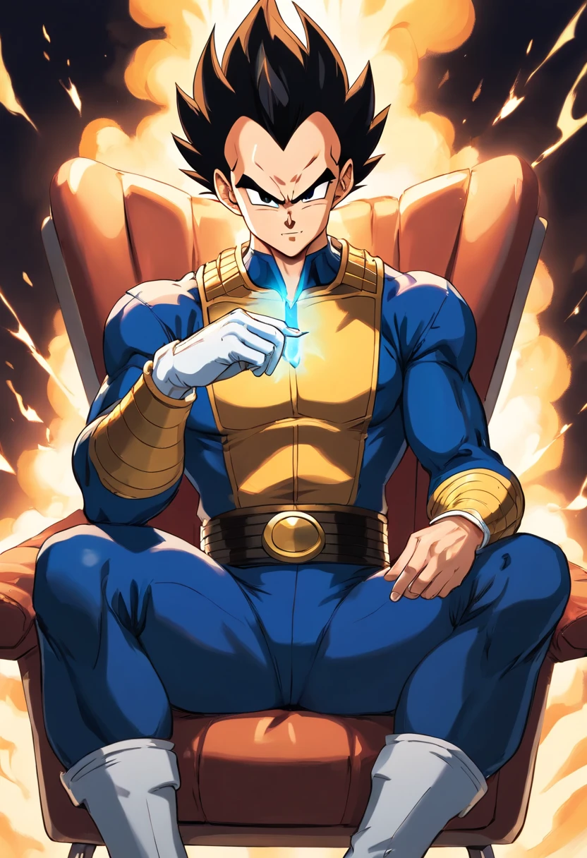 Vegeta usando um terno preto com um cigarro na boca, sitting in a chair that highlights your power and influence, masculino, Dragon ball