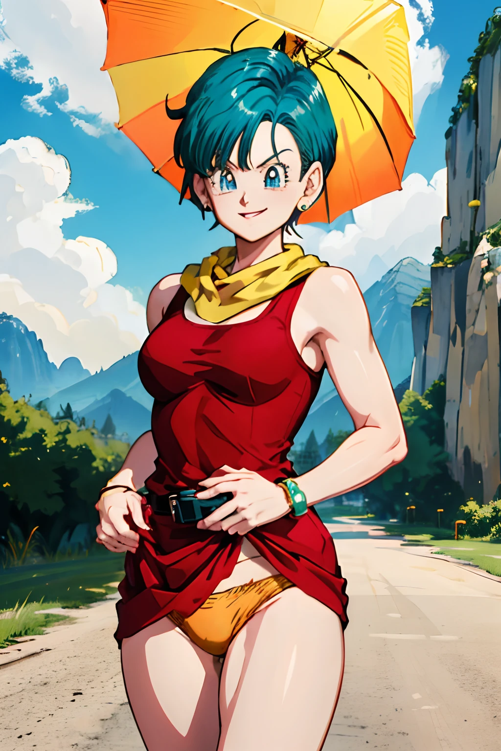 masterpiece, best quality, highres, dragon ball, aqua hair, very short hair, earrings, jewelry, red dress, medium breasts, yellow scarf, short dress, sleeveless, outdoors, smile, cowboy shot, walking, building, (((flashing panties))), (panties)