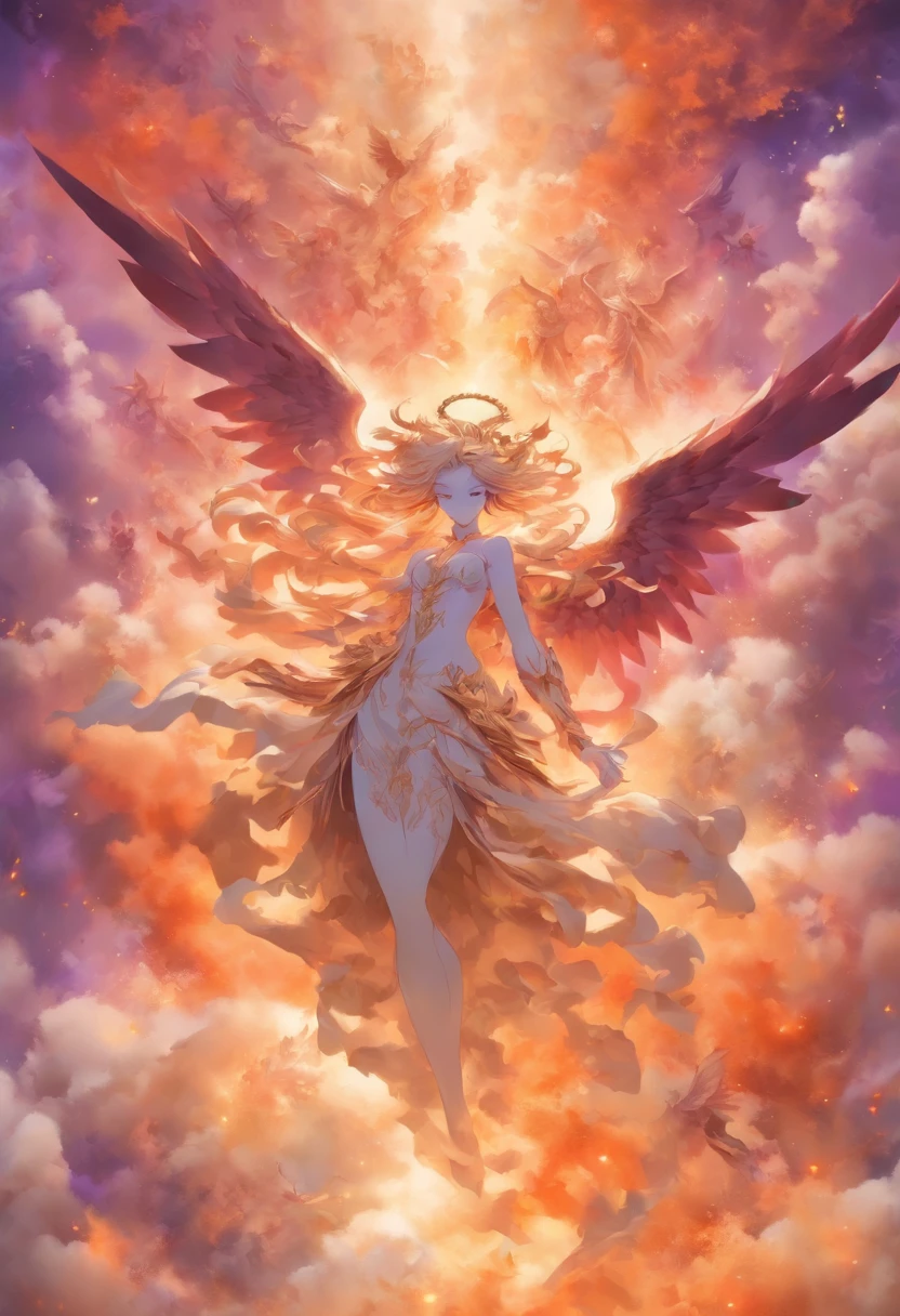 Fallen angels,Fall,Heaven and hell,Classicism-like artistic sense,Strong religious atmosphere,Parchment paper feel,Yellowed canvas background,(Light-dark transition from top to bottom:1.5),(The top is milky white,Platinum, Gold and light gray are the three colors of the main body of the picture:1.3)+(The bottom is purple,black in color,Orange-red is the three colors of the polygon body:1.3)+(The middle color is high-key:1.3),hyper HD, retinas, Anatomically correct, Textured skin, Super detail, Best quality, A high resolution