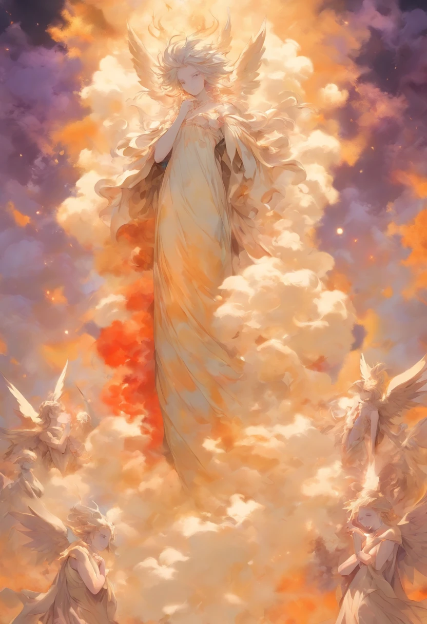 Fallen angels,Fall,Heaven and hell,Classicism-like artistic sense,Strong religious atmosphere,Parchment paper feel,Yellowed canvas background,(Light-dark transition from top to bottom:1.5),(The top is milky white,Platinum, Gold and light gray are the three colors of the main body of the picture:1.3)+(The bottom is purple,black in color,Orange-red is the three colors of the polygon body:1.3)+(The middle color is high-key:1.3),hyper HD, retinas, Anatomically correct, Textured skin, Super detail, Best quality, A high resolution