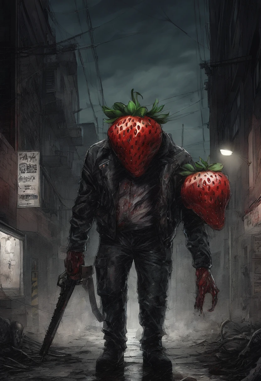 An Anime masterpiece a Humanoid Strawberry with a Psycho face, Holding a Chainsaw, Fighting Humanoid Zombie Fruits in a City at night, HD , Cinematic