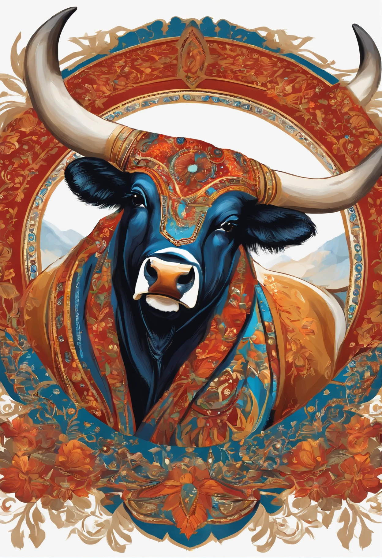 Bull Spirit, Painting in the national style, National Tide, whitebackground