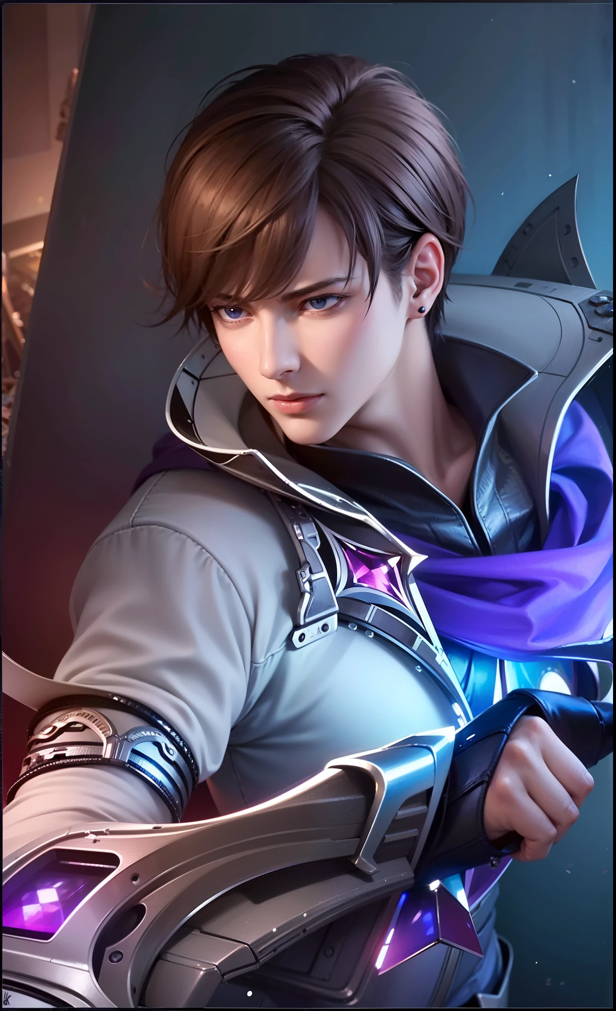 masculine male, masterpiece, ((perfect eyes)) best quality, (semirealism:1.9), beautiful lighting, (extremely detailed CG unity 4k fhd wallpaper), High Detail, Sharp focus, dramatic outdoors, 1 boy ,19 years old, white hair, light purpel eyes, smile.