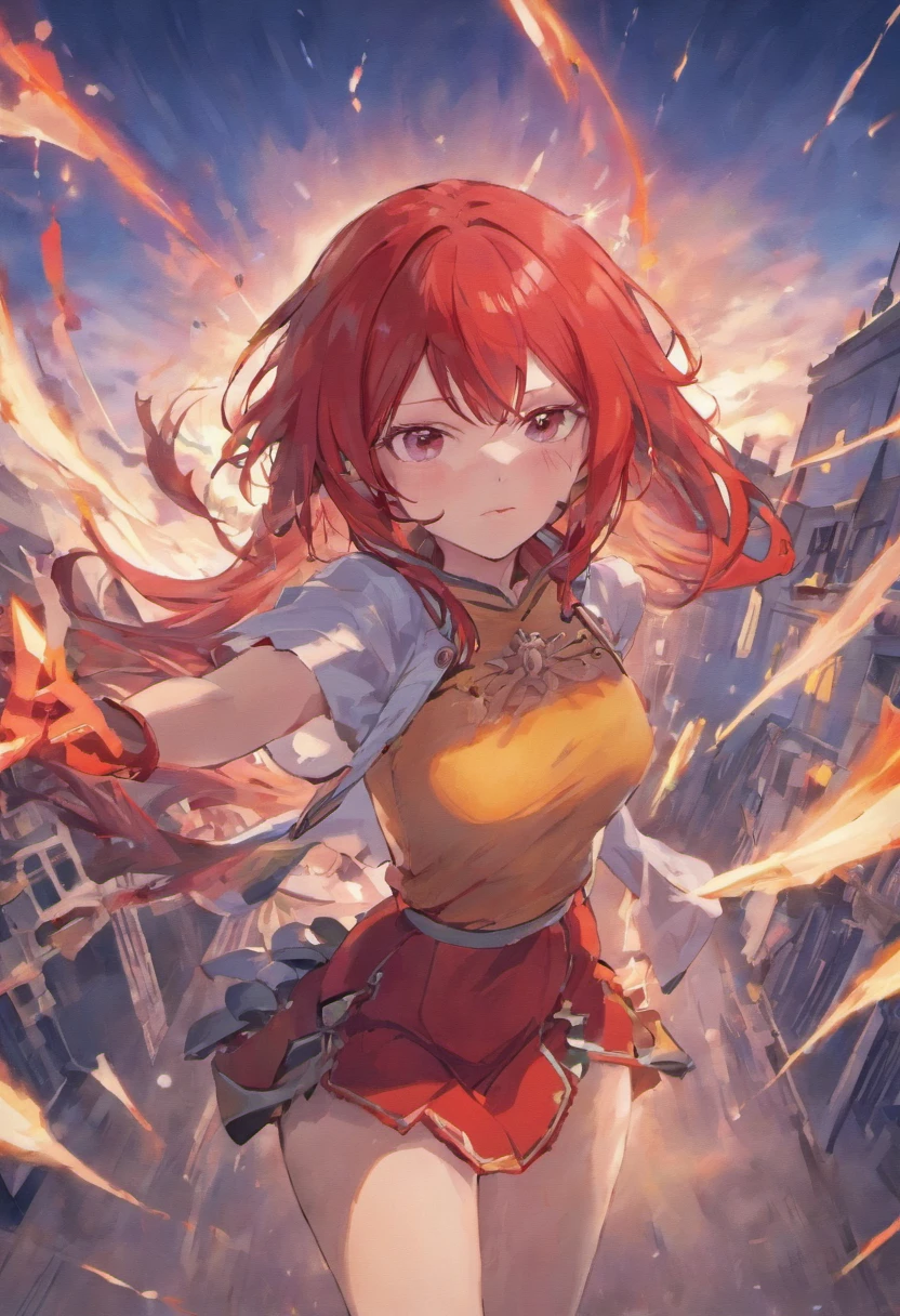 A good-looking girl eith red hair, Erza scarlet lora,Abs,brush cut,Broken temple,with blue sky and white clouds