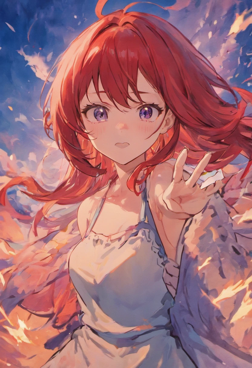 A good-looking girl eith red hair, Erza scarlet lora,Abs,brush cut,Broken temple,with blue sky and white clouds