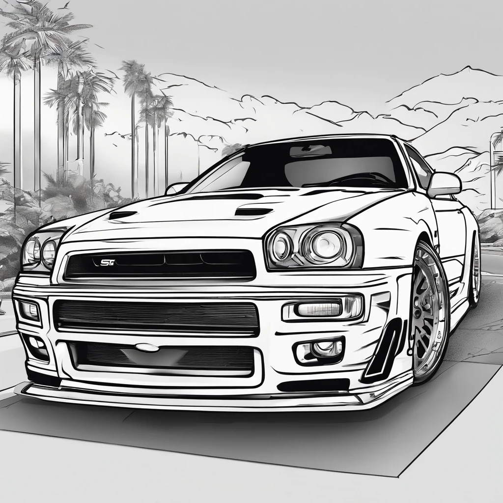 a poster of a woman with a car in the background, nissan gtr r 3 4, striking manga artstyle, art deco outrun anime aesthestic, anime graphic illustration, cobbled together nissan r34 gtr, striking detailed artstyle, anime style illustration, manga style only, 4 k manga wallpaper, in a modified nissan skyline r34