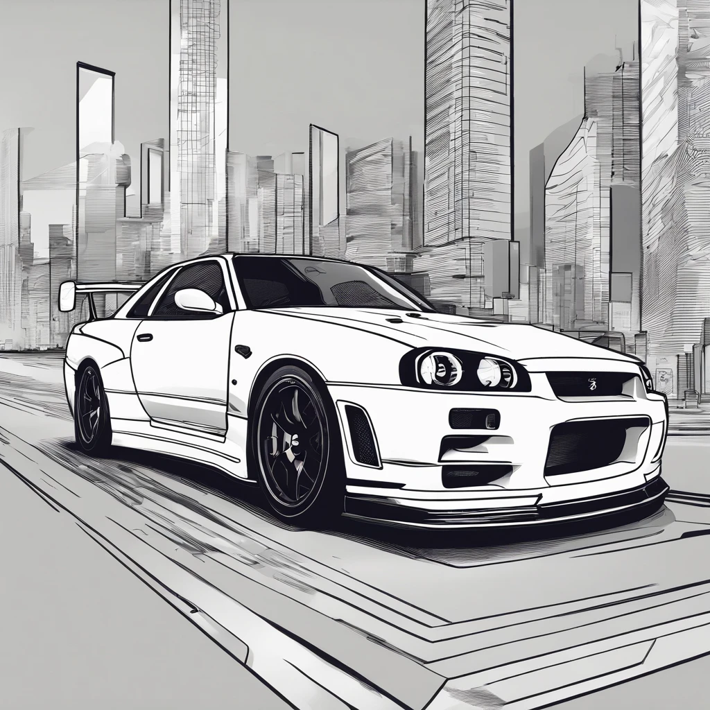 a poster of a woman with a car in the background, nissan gtr r 3 4, striking manga artstyle, art deco outrun anime aesthestic, anime graphic illustration, cobbled together nissan r34 gtr, striking detailed artstyle, anime style illustration, manga style only, 4 k manga wallpaper, in a modified nissan skyline r34