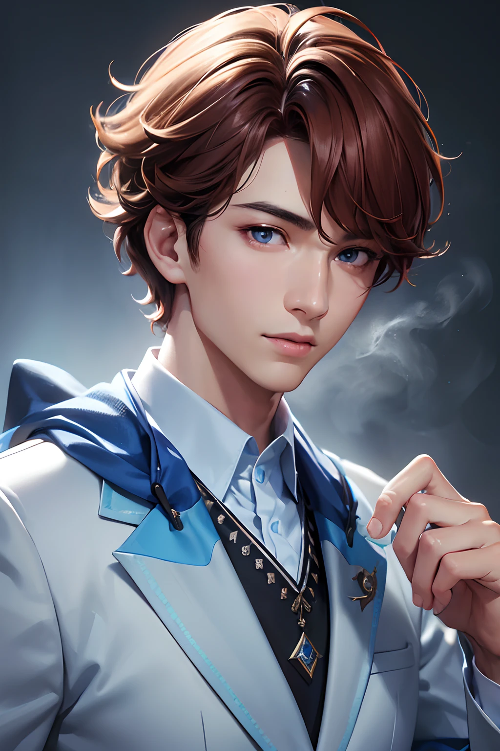 "(best quality,4k,8k,highres,masterpiece:1.2),ultra-detailed,(realistic,photorealistic,photo-realistic:1.37), manhwa art asian boy, warm light tanned skin, reddish brown hair, fluffy unruly curly hair, bangs, slanted eyes, light icy blue eyes, small smile on face, plump lips, light icy blue irises, comforting gaze, flirty but mysterious character, wearing a school blazer with school logo on it, 8k, detailed features, extremely beautiful asian face features, very handsome, dreamy look on face, bright lighting, blurred background