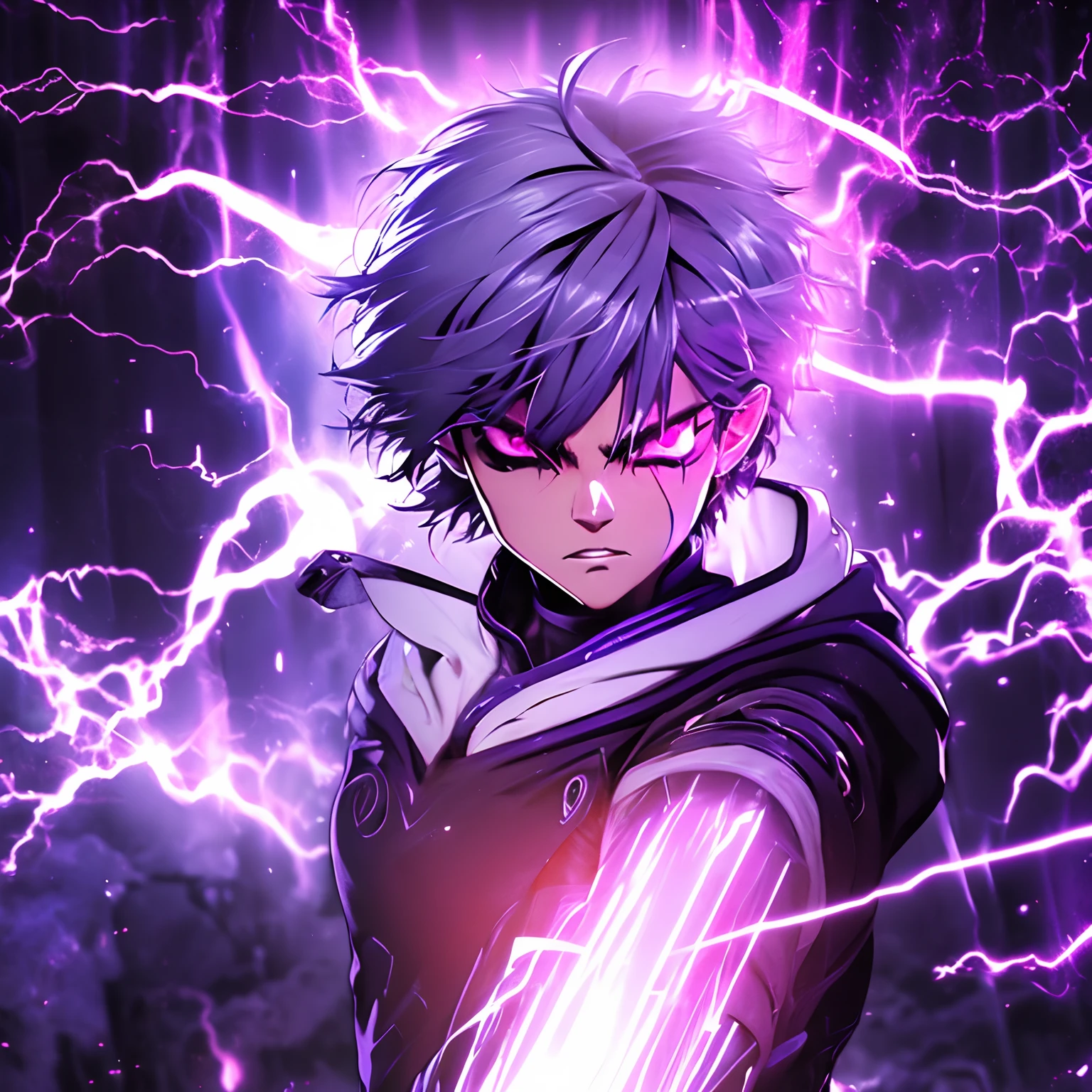 realistic, cinematic light, horror, highest quality, ultra-detailed, best quality, masterpiece, (detailed face) 1boy,solo, glowing eyes, purple energy, Dark purple aura, white spiky hair