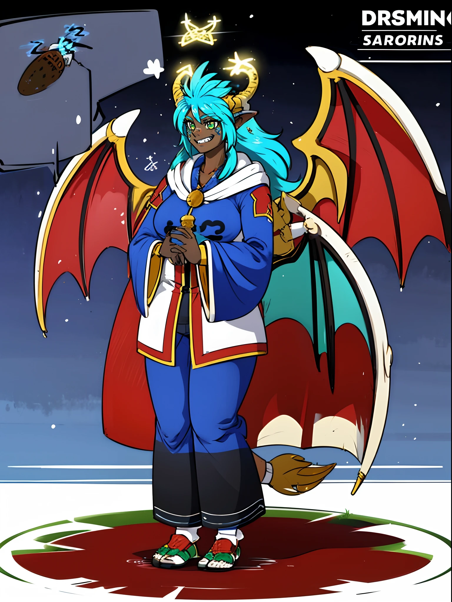 darkskinned-female, horns, dragon wings, ,pullover, pants,, full body, standing, long hair,sharpteeth, atomic, halo, robe, medieval clothing, smile