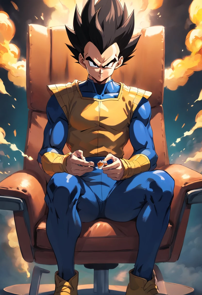 Vegeta usando um terno preto com um cigarro na boca, sitting in a chair that highlights your power and influence, masculino, Dragon ball