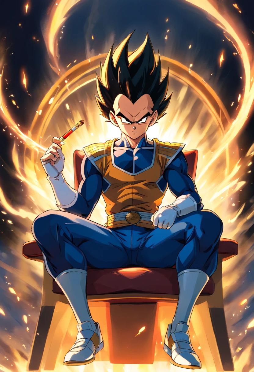 Vegeta usando um terno preto com um cigarro na boca, sitting in a chair that highlights your power and influence, masculino, Dragon ball