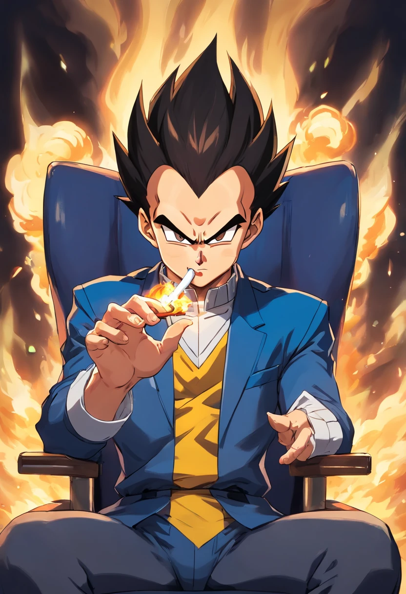 Goku with suit sitting on chair and having cigarette in hand and looking towards the big bundles of money on the table besides him