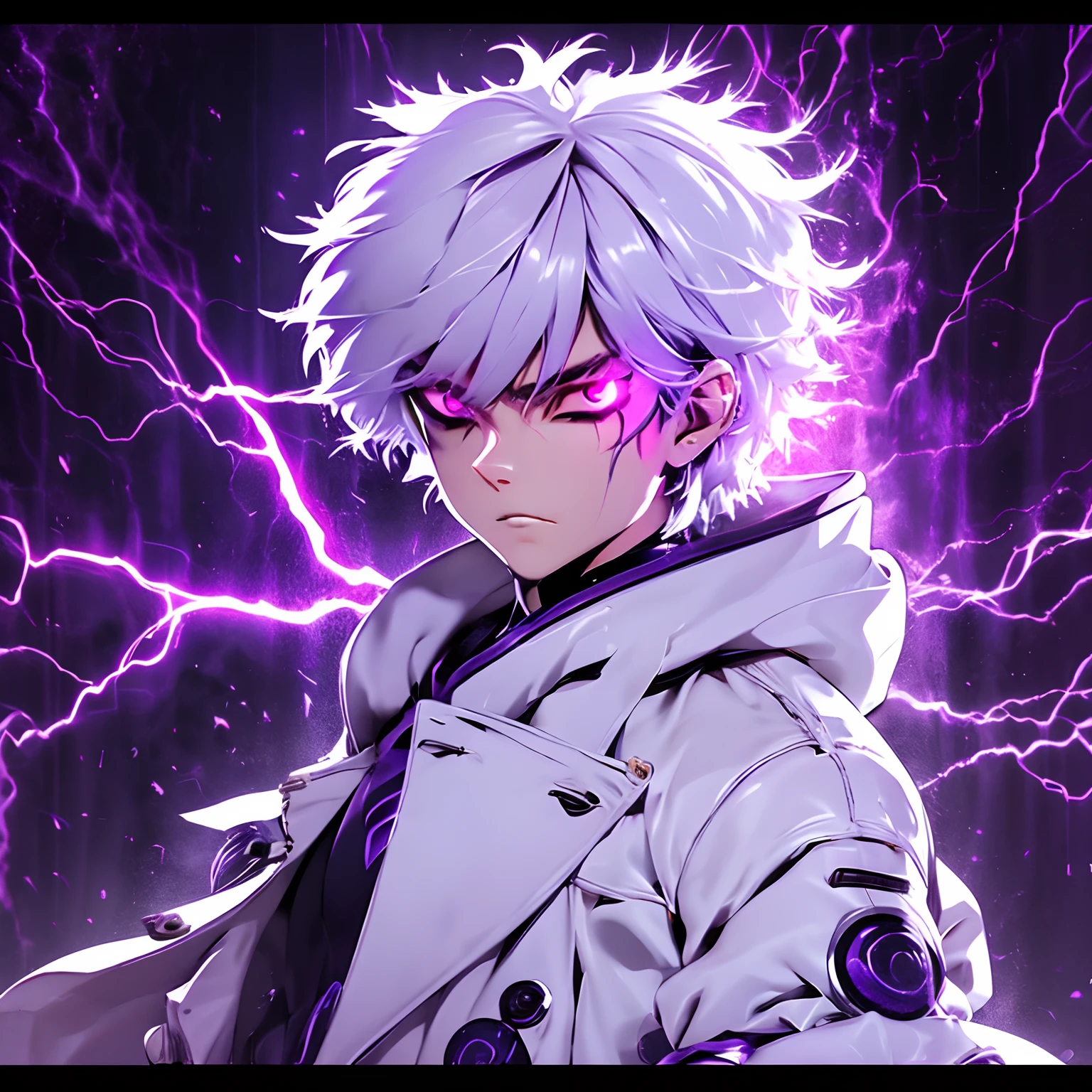 realistic, cinematic light, horror, highest quality, ultra-detailed, best quality, masterpiece, (detailed face) 1boy,solo, glowing eyes, purple energy, Dark purple aura, white spiky hair