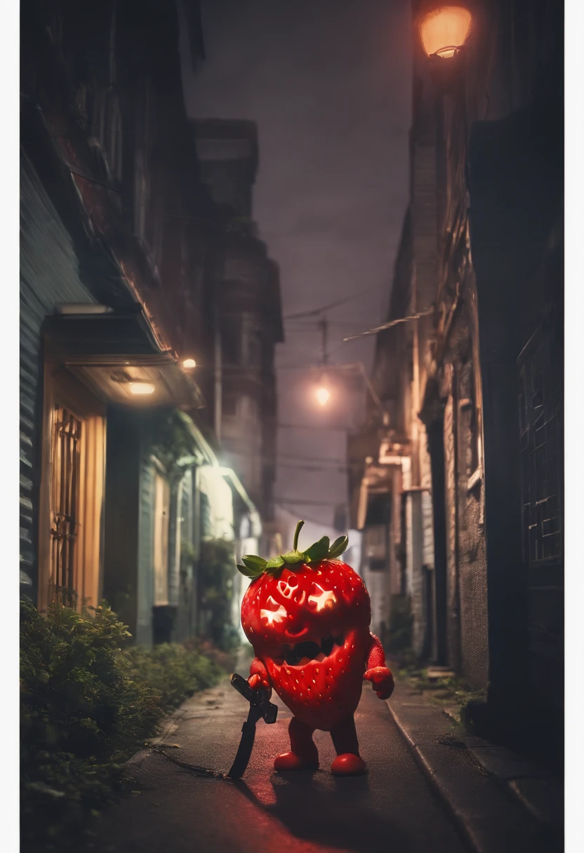 An Anime masterpiece a Humanoid Strawberry with a Psycho face, Holding a Chainsaw, Fighting Humanoid Zombie Fruits in a City at night, HD , Cinematic