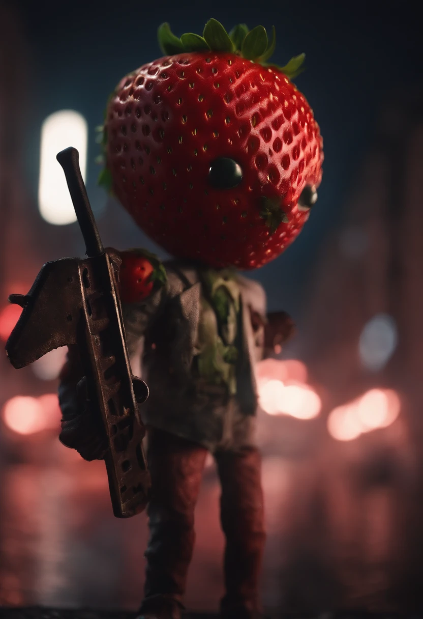 An Anime masterpiece a Humanoid Strawberry with a Psycho face, Holding a Chainsaw, Fighting Humanoid Zombie Fruits in a City at night, HD , Cinematic