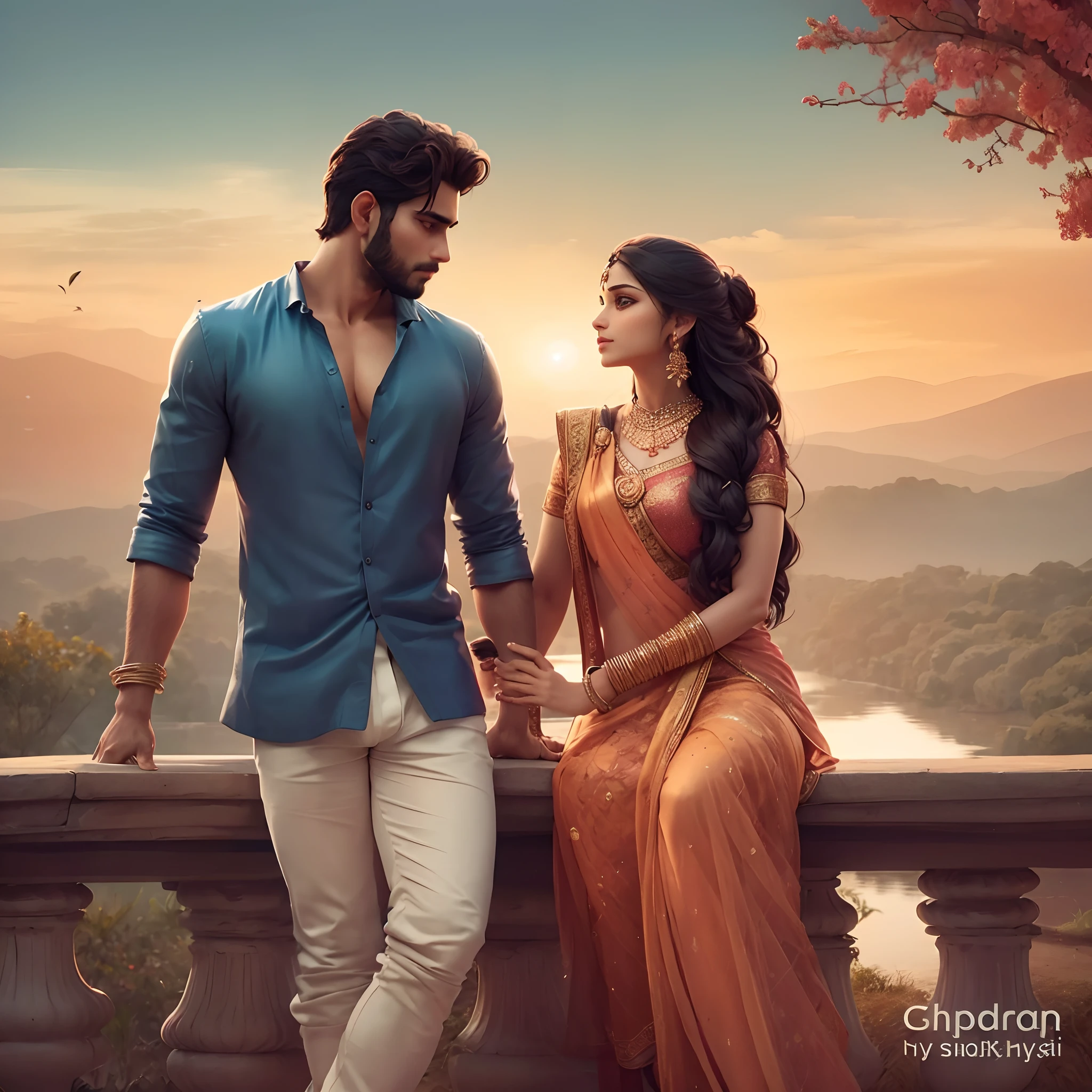 a Beautiful Indian couple of handsome men and beautiful women, romantic pose, in big moon night, dinner in garden, soothing tones, muted colors, high contrast, (natural skin texture, hyperrealism, soft light, sharp, full body), Beautiful background,simple background,