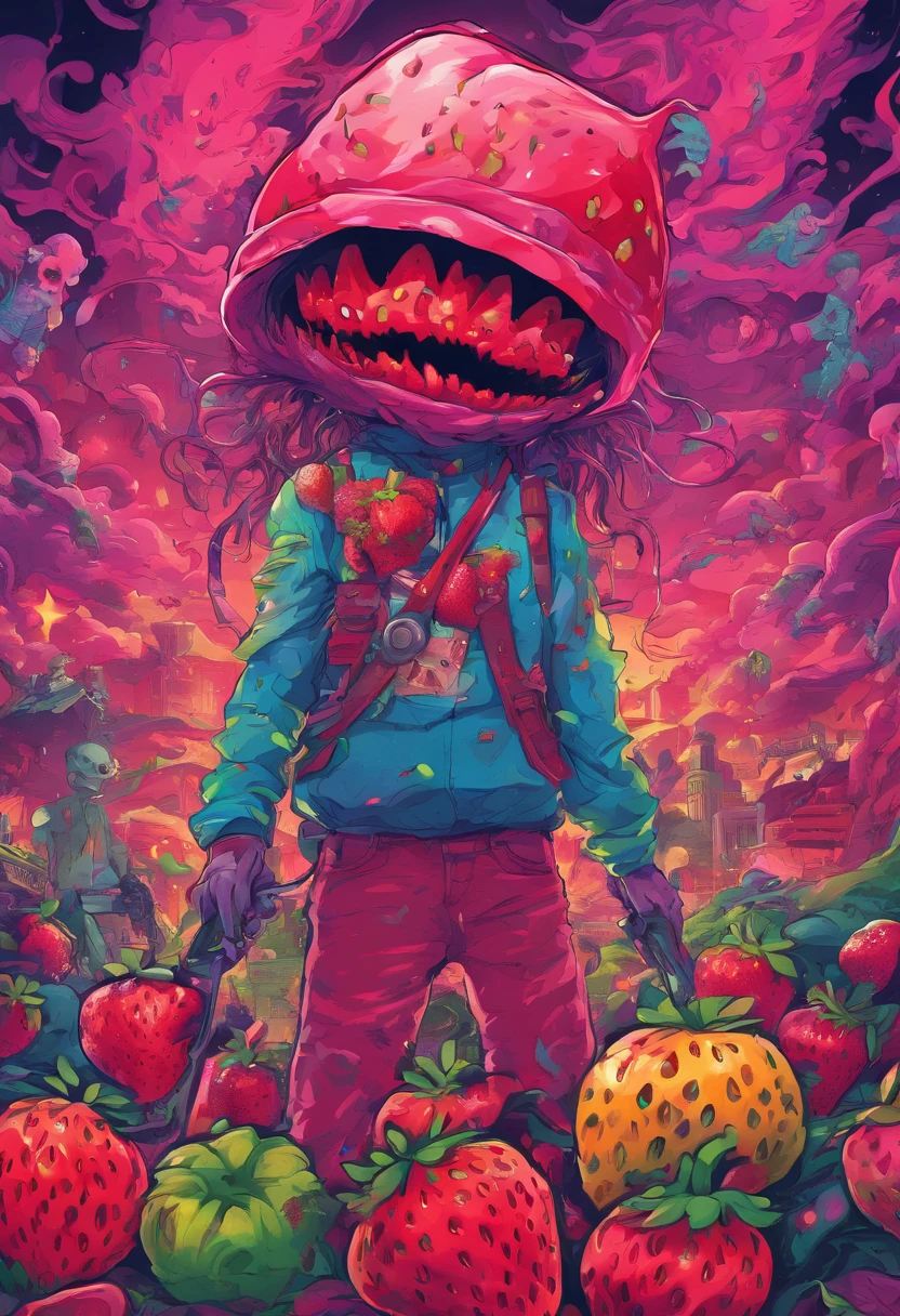 An Anime masterpiece a Humanoid Strawberry with a Psycho face, Holding a Chainsaw, Fighting Humanoid Zombie Fruits in a City at night, HD , Cinematic