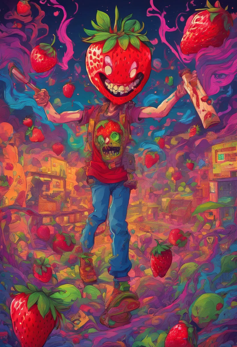 An Anime masterpiece a Humanoid Strawberry with a Psycho face, Holding a Chainsaw, Fighting Humanoid Zombie Fruits in a City at night, HD , Cinematic