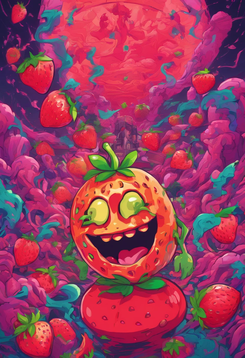 An Anime masterpiece a Humanoid Strawberry with a Psycho face, Holding a Chainsaw, Fighting Humanoid Zombie Fruits in a City at night, HD , Cinematic
