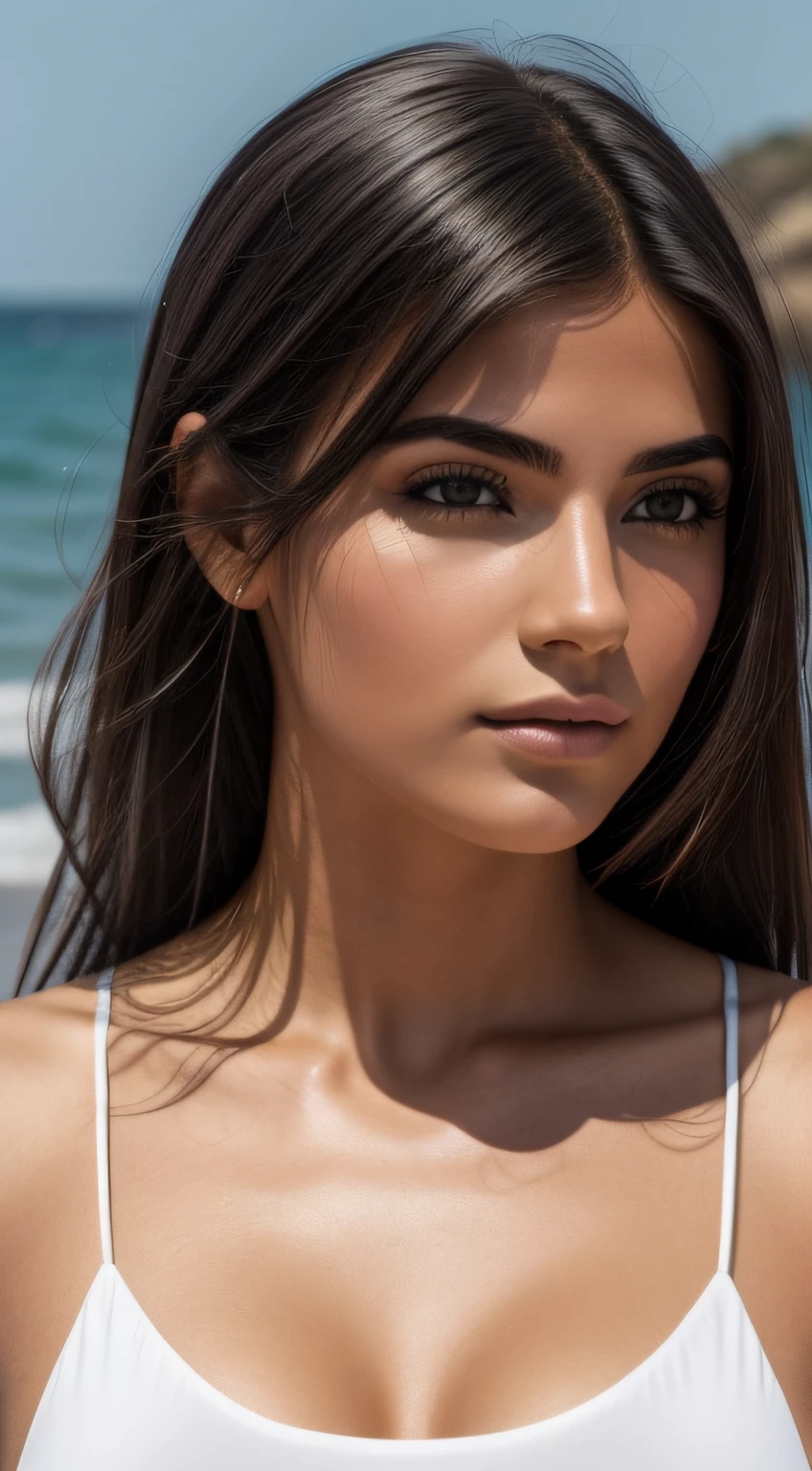 Photograph of an awesome girl, Llevar un top escotado, (((busto muy pesado))), cabello ondulado, sentado sobre rocas, junto a la playa, Look next to the camera, posado como un modelo, eyes symmetrical, face symmetrical, fotorrealista, imperfecciones faciales, Seguimiento de rutas, dusk lighting, Volumetric light for the face, Camino trazado del cabello, Sombras visibles, hiperrealista