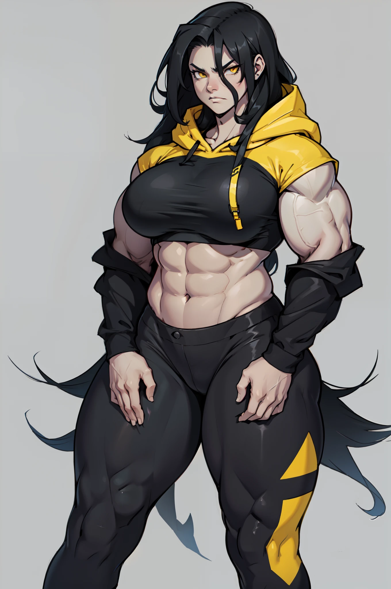 ((grey background)), solo, ((((1 girl)))), very long hair, black hair, angry, yellow eyes, (((((muscular))))), (huge tits), (thick thighs), (wide hips), pale skin, standing, slick hair, hoodie, leggings