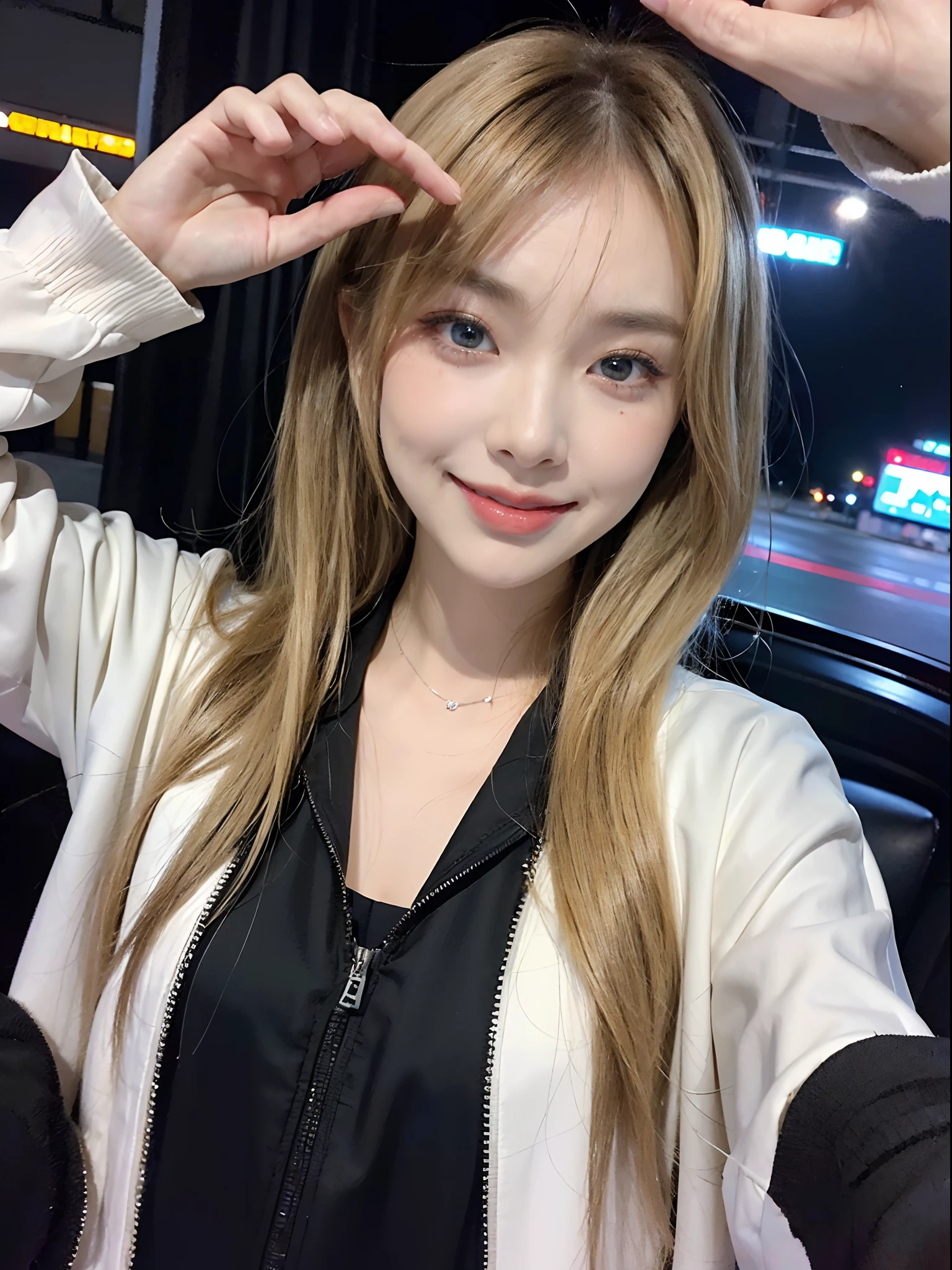 ((4K works))、​masterpiece、(top-quality)、1 beutiful girl、Slim body、((Attractive clothes in black and white))、(Detailed beautiful eyes)、Take a selfie on the road at night、((Face similar to Carly Rae Jepsen))、((Boyish blonde long hair))、((Smaller face))、((Neutral face))、((Bright blue eyes))、((American adult women))、((Adult female 26 years old))、((cool lady))、((Like a celebrity))、((Smiling expression))、((Korean Makeup))、((elongated and sharp eyes))、((Girlfriend enjoying happy date))、((boyish))、((She is walking in front of the viewer))、((Shot from the top of the face))、((Her selfie))、((Zoom focus to face))、((Face enhancement))、((Shot close to the face))、((Face Close-up))