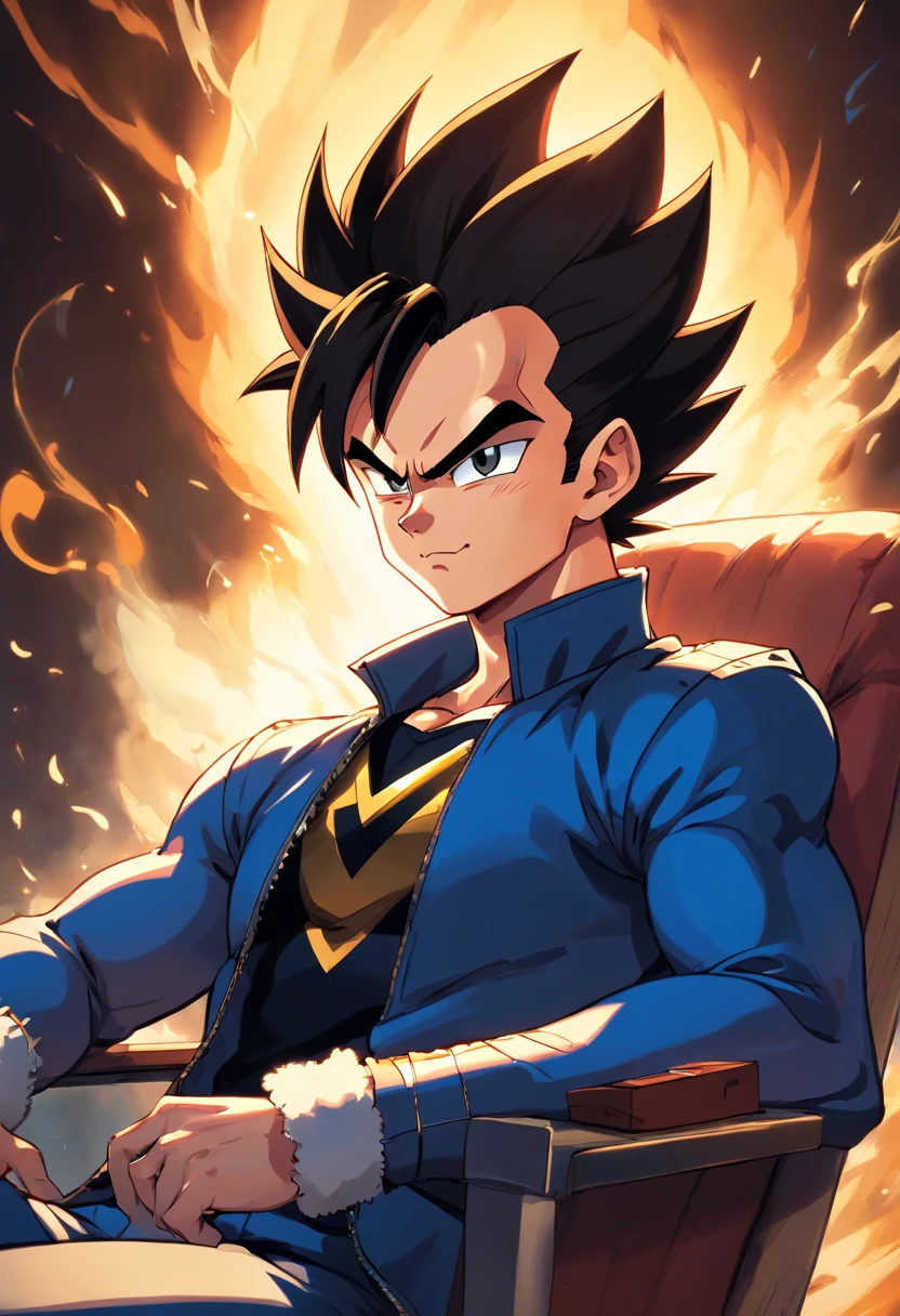 Vegeta usando um terno preto com um cigarro na boca, sitting in a chair that highlights your power and influence, masculino, Dragon ball