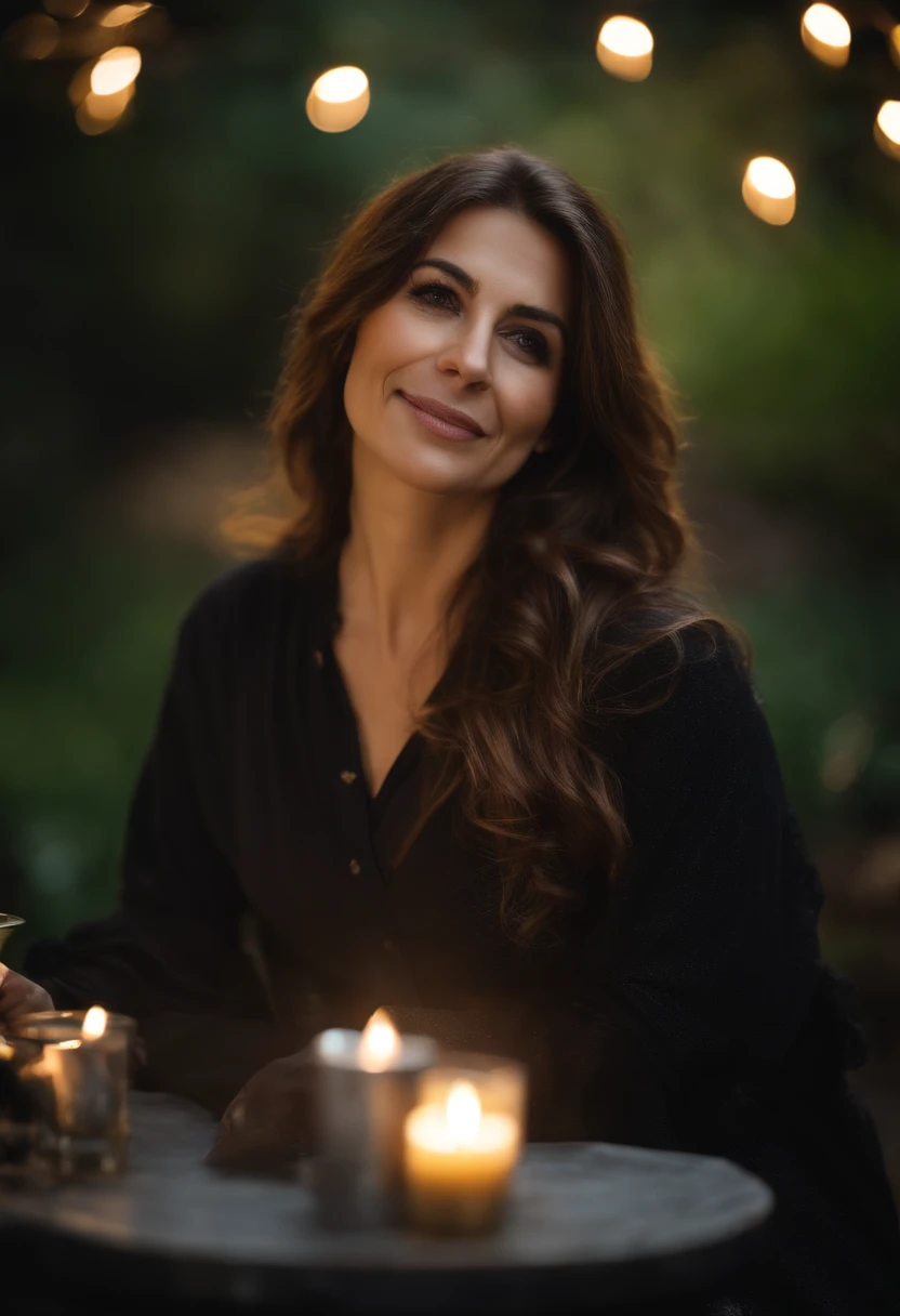 Apotheosically youthful (((full body))) girl, approximately 45 to 50 years old, ultra cool, smiling, with intense and striking brown eyes, straight hair and a silver and black gradient color, fascinating and subtle features, wearing jeans rainbow-colored, deep black blouse without bras, large breasts, in a medieval-style candle-lit environment